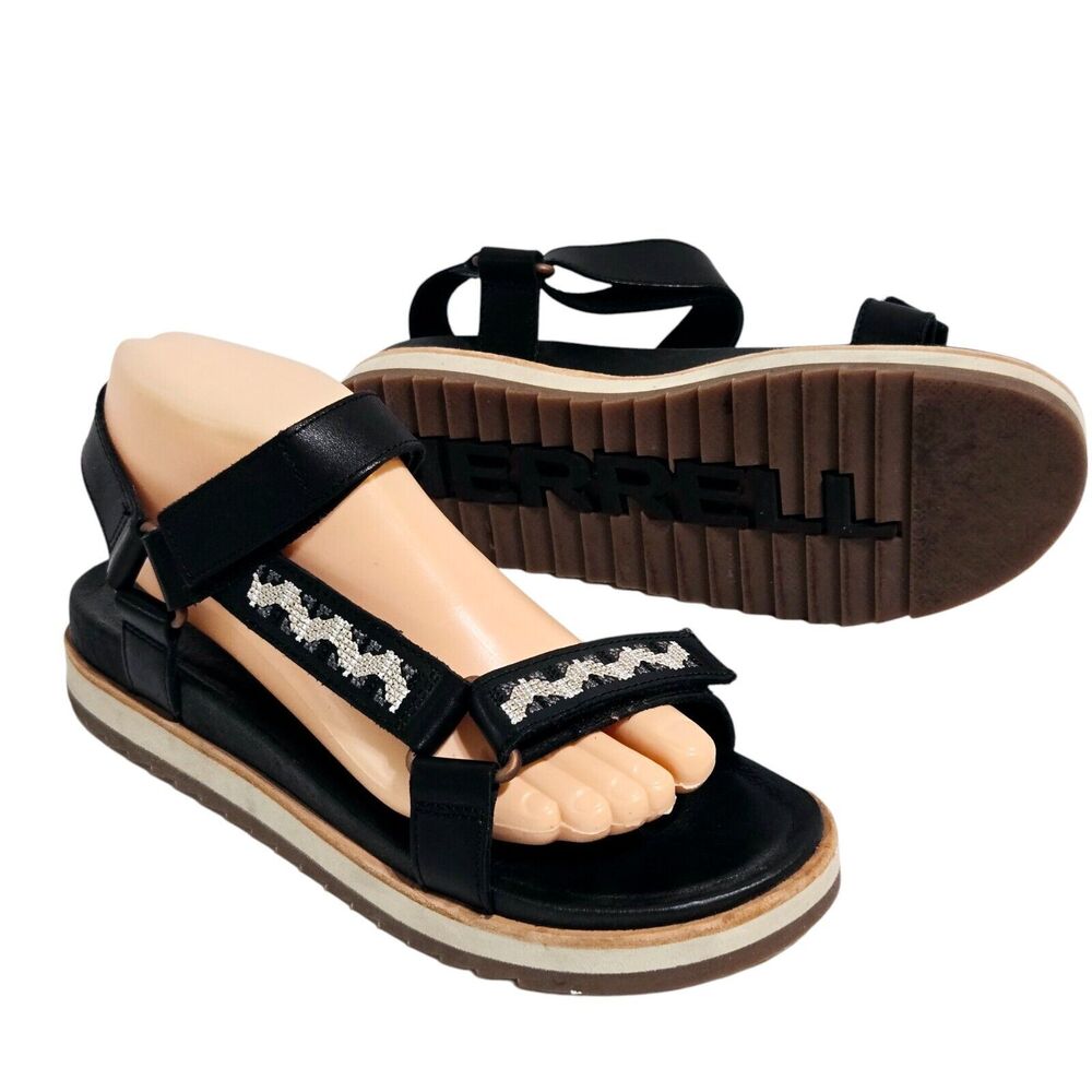 Merrell Women Size 8/39 Juno Adjustable Strap Sandals Black Leather Southwestern